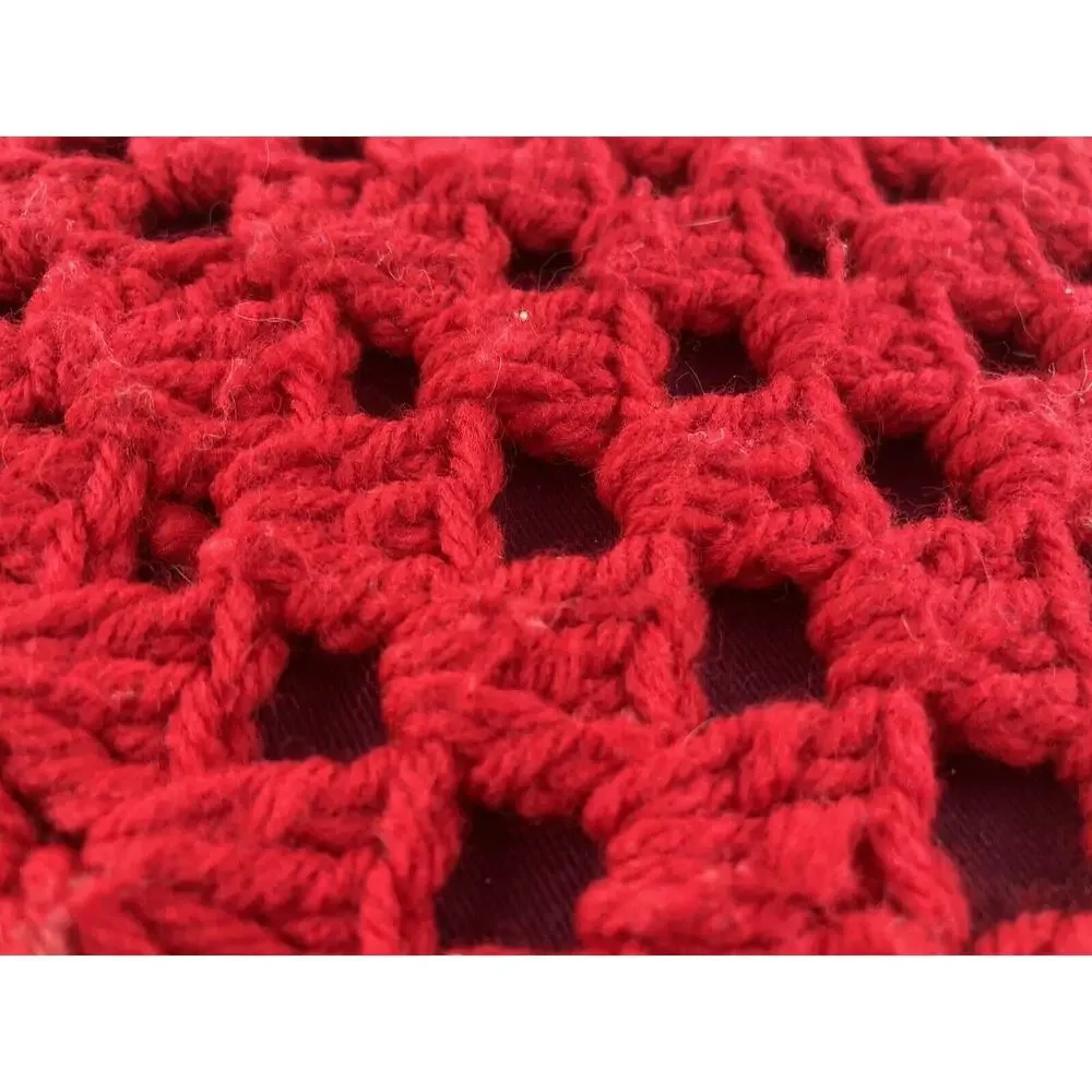 Vintage Pillow Handmade Crochet Knit Boho Granny Retro Red W/ Insert Cover 17”